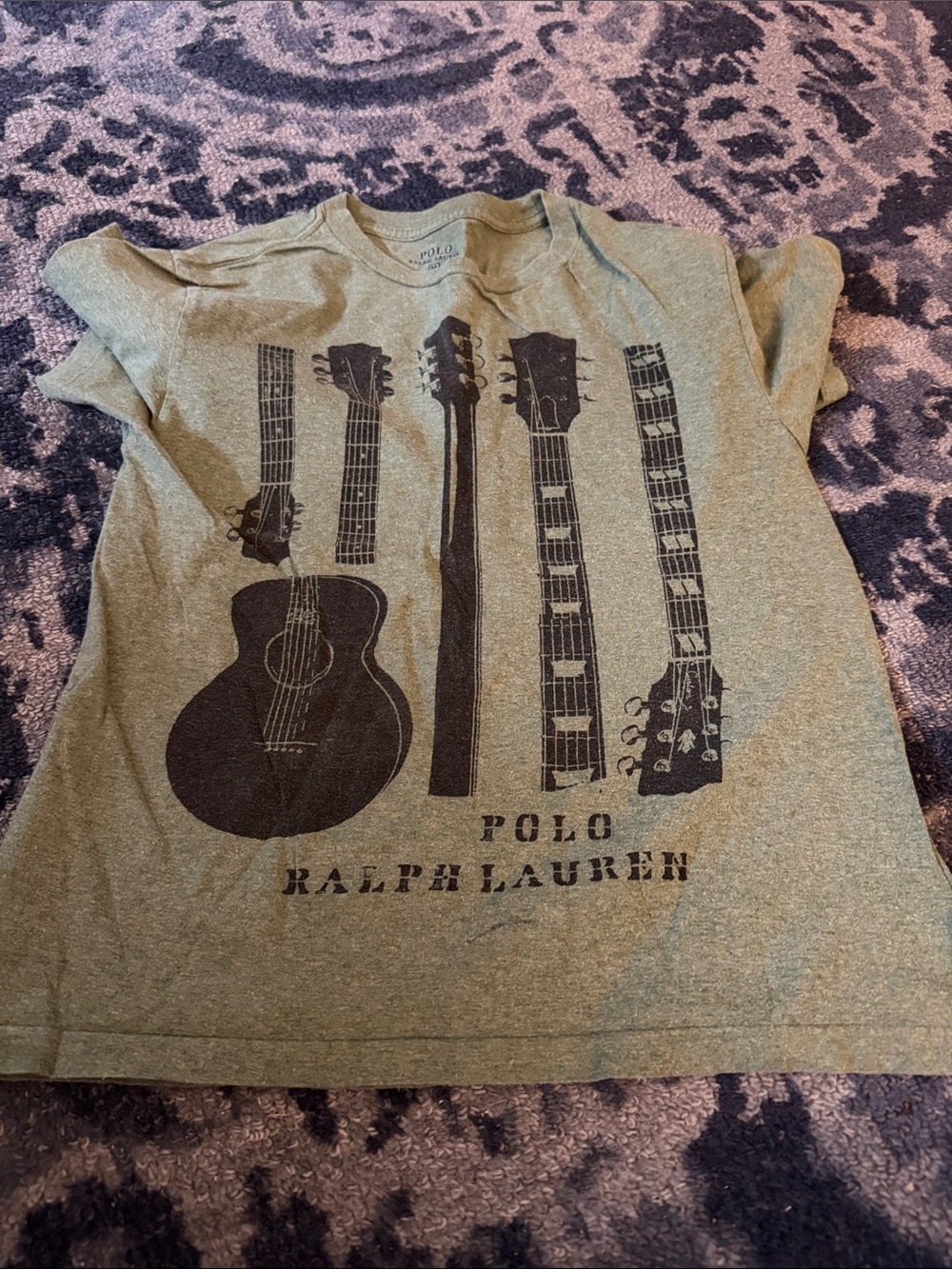 Boys’ Polo by Ralph Lauren Olive Green Graphic Tee with Guitar Graphic